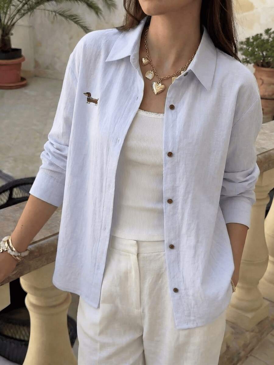 Women's Casual Woven Dolman Shirt, Collared, Button Front Spring - Baby Blue - View 1