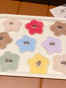 9 Pieces Korean Style Fluffy Beige Coffee Simple Star Hair Clips, INS Style Girl Plush Pentagram Side Clips, Cute Hair Accessories - Multicolor - View 2