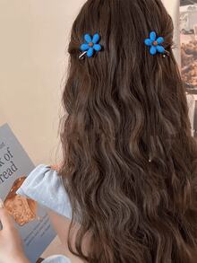 3 piezas de clips para el cabello con flores de estilo coreano en contraste de color rojo y azul, clips para el flequillo lateral para mujeres, clips de caimán de temperamento dulce para el cabello rebelde de la frente - Azul - Ver 3