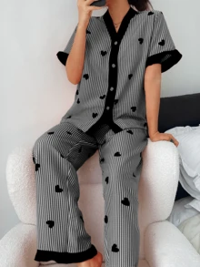 Dreamivo Valentine's Day Ruffled Elegant Women's Pajama Set - Striped Heart Pattern V-Neck Short Sleeve Top And Long Pants, Lightweight Sleepwear - Black - View 6