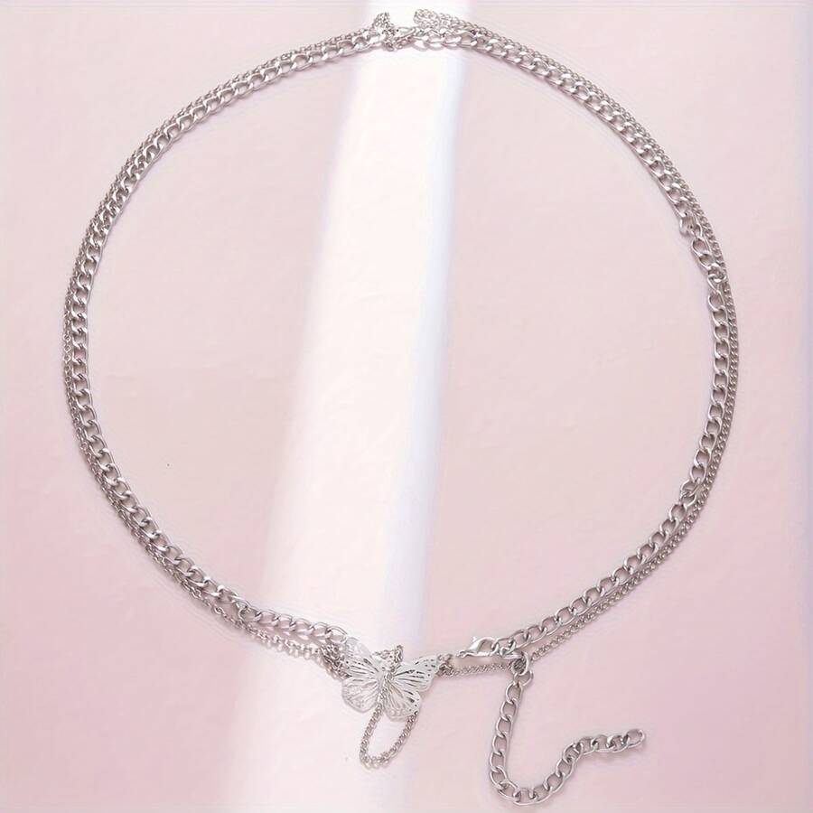 Fashionable Versatile Metal Butterfly Tassel Waist Belt For Women - Silver - View 1