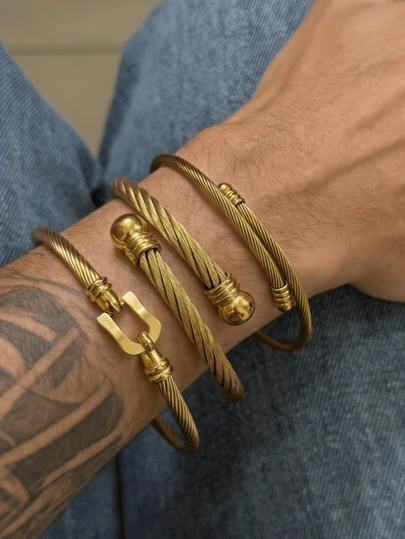 3 قطع/مجموعات/1 قطعة أساور رجالية من السلك المجدول بطراز قديم، مجموعة أساور قابلة للتكديس مع إبزيم على شكل حرف U وتعليقات كروية