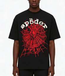 Sp5der Spider Letter Graphic T-Shirt , Hip Hop Streetwear Oversized Tee ,Casual Cotton Shirt - 黑色 - 查看 9