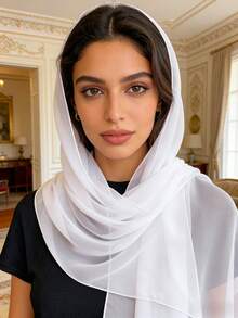 1pc Women's Classic Solid Color Chiffon Scarf, Versatile Silk Scarf For Spring - White - View 2