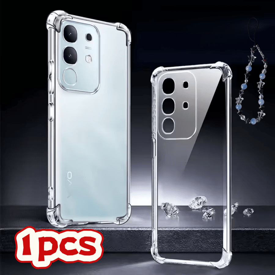 2件套 [1个手机壳 + 1条蓝色珍珠五芒星挂绳] 兼容vivo Y200/ Y75/ Y36/ Y22s/ Y17s/ Y3/ V29/ V25/ V21s/ S12/ Y55/ Y91 及类似智能手机型号，透明四角防摔手机壳，手机壳，防摔手机壳，透明手机壳，简约手机壳，纯色手机壳，透明手机壳，TPU防摔手机壳