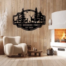 1pc Personalized Metal Family Name Sign, Rustic Deer & Forest Wall Art, Custom Cabin Name Decor, Outdoor Cabin Sign, Hunting Gift, Father's Day Gift - Black - View 2