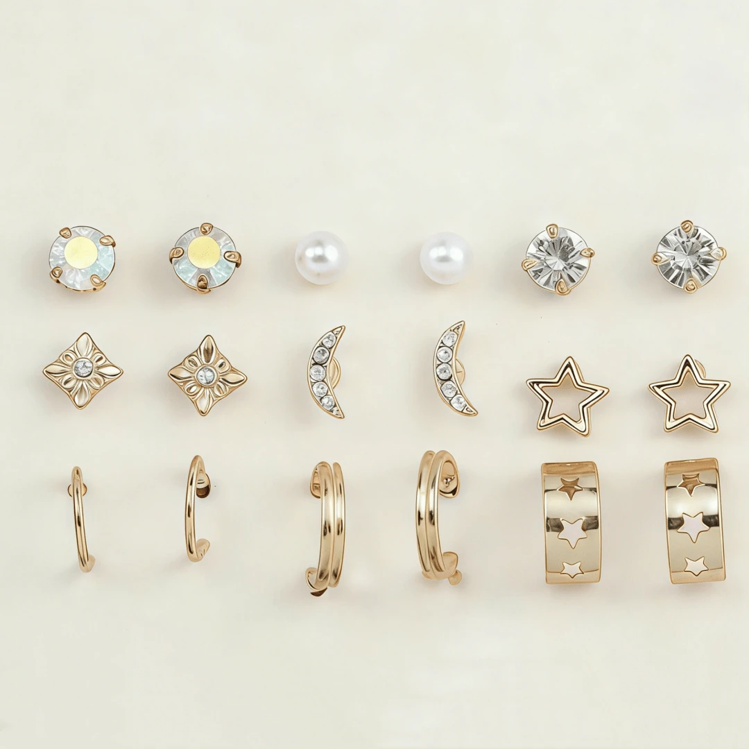 9对合金水晶珍珠月亮星星U形耳环套装，优雅独特设计，女士耳环 - 彩色 - 查看 1