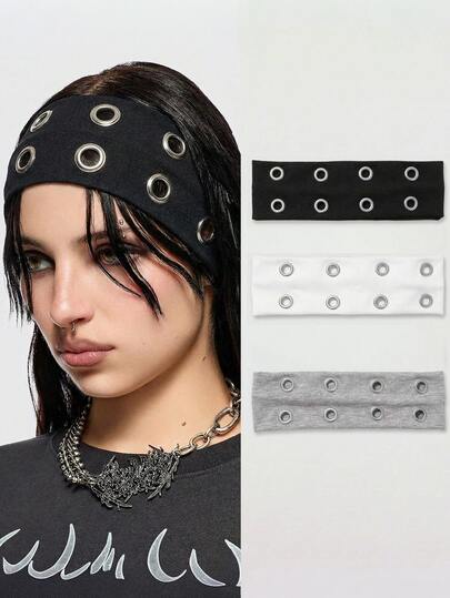 3 Pcs Punk Goth Headbands For Women, Metal Grommet Eyelet Wide Hairbands, Y2K Grunge Alternative E-Girl Hair Accessories, Stretchy Elastic Sweatband For Daily Workout Diademas Para Mujer