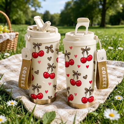 mikenda 1pc 18oz Cherry Print Stainless Steel Tumbler With Handle & Straw, Insulated Coffee Cup, Leakproof Travel Mug, Cute Aesthetic Water Bottle For Women & Girls, Keeps Drinks Cold 24H Hot 12H, Perfect For Picnic, Office & Car
