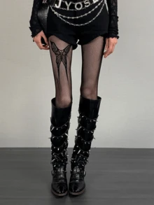 Vớ nữ họa tiết bướm, cá tính, phong cách Y2K Harajuku, lưới, thiên niên kỷ, độc đáo, punk, tương lai, kỳ lạ, retro. - màu đen - Xem 3