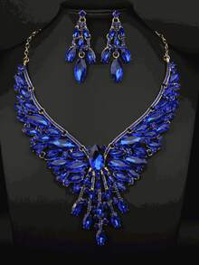 3-Piece/Set Of Fashionable And Luxurious European And American Style Exaggerated Crystal Gemstone Necklace And Earring Set, Perfect For Banquets, Wedding Dresses, And Other Women's Accessories, Showcasing A Noble Status And  Fashion Items. - 藍色 - 查看 2