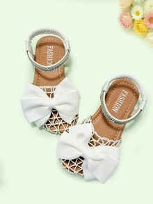 1双夏季儿童凉鞋，白色套脚凉鞋，网眼蝴蝶结水钻鞋，清新百搭的公主鞋，适合宴会、聚会、派对、婚礼、度假等场合。 - 白色 - 查看 3