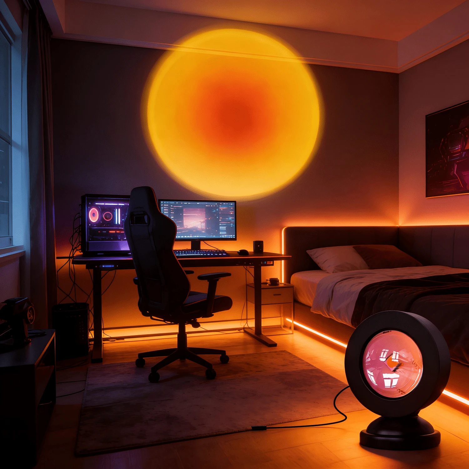 Single Sunset Glow LED Projector Night Light, Versatile Aesthetic Room Mood Lamp For Bedroom Living Room Office Desk Decor, Eye Friendly Soft Sunlight Effect Perfect For Party Background And Housewarming Gifts - ánh sáng màu cam - Xem 1