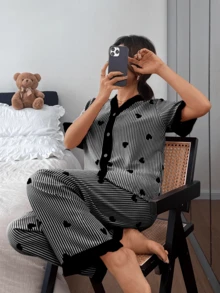 Dreamivo Valentine's Day Ruffled Elegant Women's Pajama Set - Striped Heart Pattern V-Neck Short Sleeve Top And Long Pants, Lightweight Sleepwear - Black - View 1