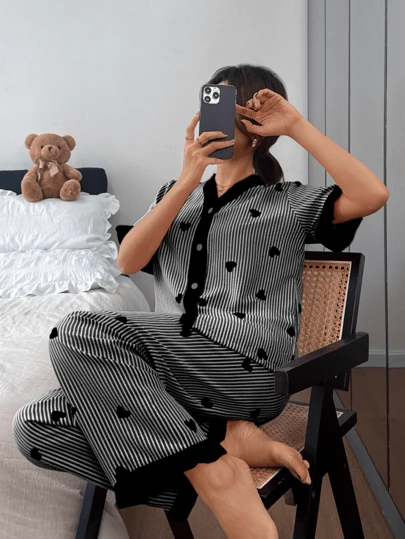 Dreamivo Valentine's Day Ruffled Elegant Women's Pajama Set - Striped Heart Pattern V-Neck Short Sleeve Top And Long Pants, Lightweight Sleepwear