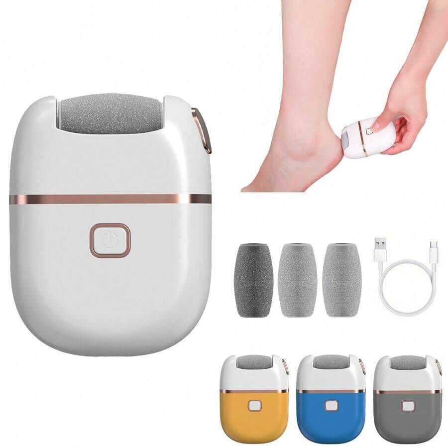 Máy chà chân điện sạc lại, 3 đầu chà thay thế, pin 500mAh, sạc USB, thích hợp cho da nứt nẻ, dụng cụ chăm sóc chân, món quà tuyệt vời.