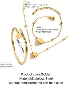 1 Set de Joyería Elegante y Delicada de Acero Inoxidable, Incluye Collar con Colgante en Forma de Corazón, Pulsera con Cuentas, Aretes en Forma de Corazón y Pulsera de Tachuelas, Adecuado para Uso Diario o Citas de Mujeres, Gran Regalo para Ella - Amarillo Oro - Ver 12
