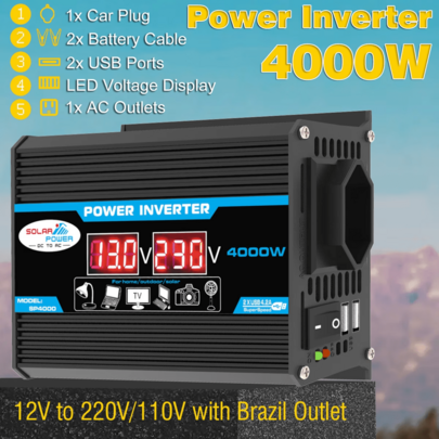 Inversor De Carro Digital Solar 12v-110V 4000w Com Usb Conversor De Tensão Residencial