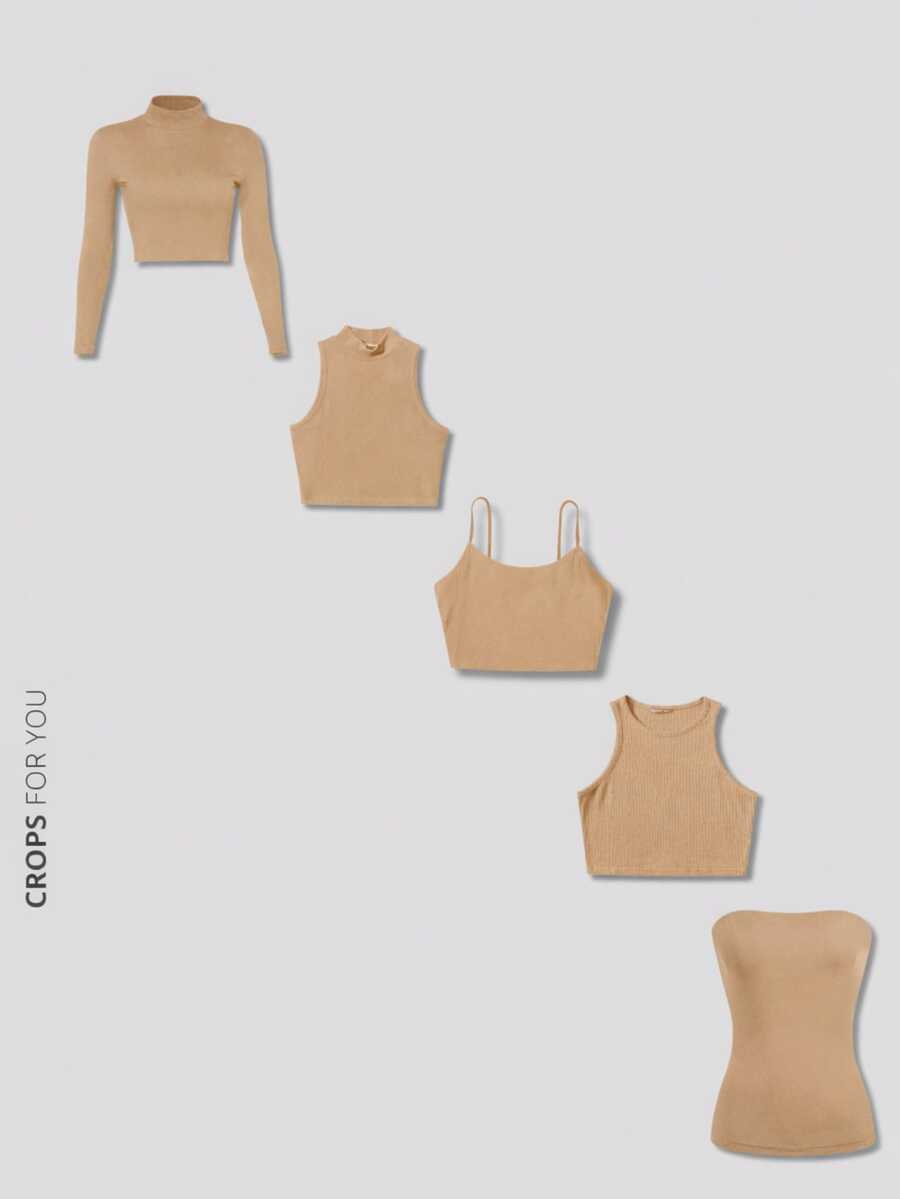 Set Of 5 Assorted Cropped Tops: Long Sleeve, Turtleneck, Spaghetti Strap, Tank Top, And Strapless Bodycon Top - Beige - View 1