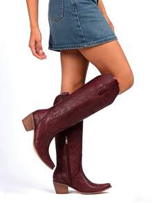 Women's Western Cowgirl Cowboy Boots Burgundy, Embroidered Knee High Side Zipper, Chunky Heel Vintage Distressed Retro Style, Winter Shoes Halloween Costume Christmas Gift Holiday Party New Year's Eve - 酒紅色 - 查看 4