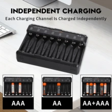 Juego de cargador de batería todo en uno POWERKAN: 8 ranuras de carga independientes, fuente de alimentación USB de 5V, adecuado para baterías recargables de 1.2V Ni-MH y 1.5V Li-Ion AA/AAA, incluye 8 baterías recargables - ideal para dispositivos diarios (controles remotos, relojes, micrófonos, básculas) - Sí - Ver 7