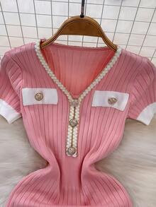 Summer New Women's Dress, Elegant Fitted Waist V-Neck Short Sleeve Knit Dress, V-Neck Slim Fit Sweater Dress, Graceful Goddess Style Bodycon Dress, Mature Commuting Outfit, Party Dress Pink - Pink - View 3