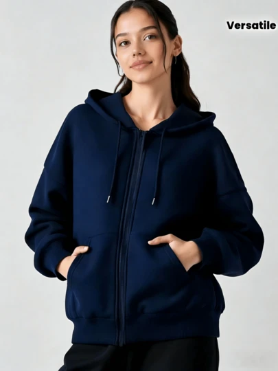 Mujer 005 Sudadera informal negra con cremallera para mujer, manga larga, corte regular, poliéster.