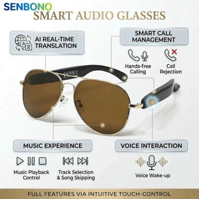 SENBONO Gafas de traducción inteligentes Senbo AI, adecuadas para hombres y mujeres, diseño inalámbrico, micrófono/altavoz incorporado, voz y música de alta definición, control de voz por IA, llamadas manos libres, traducción de talla grande de 100 idiomas, carga magnética USB, diseño minimalista de moda, adecuado para uso en la oficina