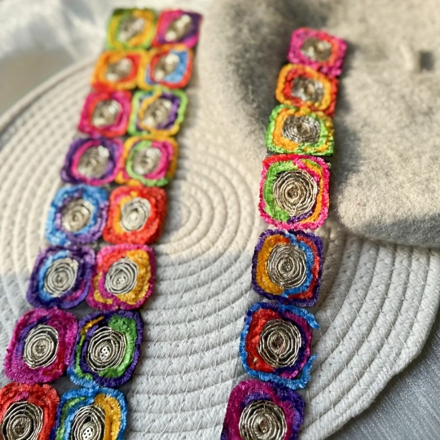 182cm/72in Colorful 3D Floral Sequin Lace Trim, 2 Sizes, Mixed Colors, Vintage With Metal Accents, Suitable For DIY Crafts And Decorations. Can Be Used For Neckline, Sleeve Cuffs, Skirt Hems, Shoes, Pillows, Curtains, Tablecloths, Home Textiles DIY. - Colored Double-sided - View 1
