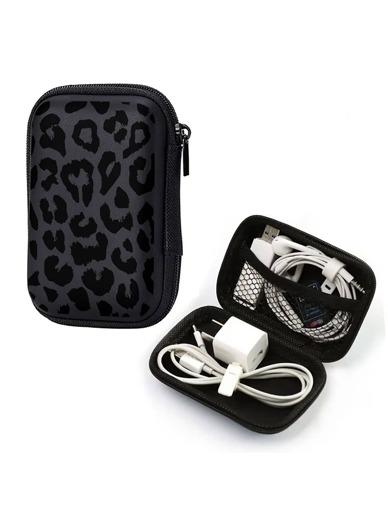 Black Leopard Print EVA Hard Shell 4.3 Inch Compact Storage Box - Travel Protective Storage Bag, Suitable For Electronic Accessories, Earphones, Hard Drives And Data Cables; Shockproof Zipper Pouch (Storage Box Only) - Multicolor - View 1