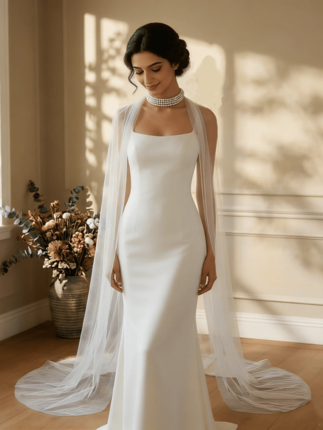 1pc Faux Pearl Beaded Bridal Cape, White Sheer Shoulder Wrap Floor Length, Suitable For Wedding, Engagement Ceremony, Wedding Photography, Party Dress Accessory