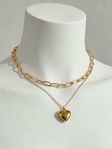 1 pieza Collar con colgante de corazón de doble capa romántico - Amarillo Oro - Ver 8