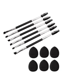 6 piezas Brochas de maquillaje multifuncionales de doble punta, Brocha delineador de ojos, Brocha de cejas, Brocha de pestañas - Negro - Ver 10