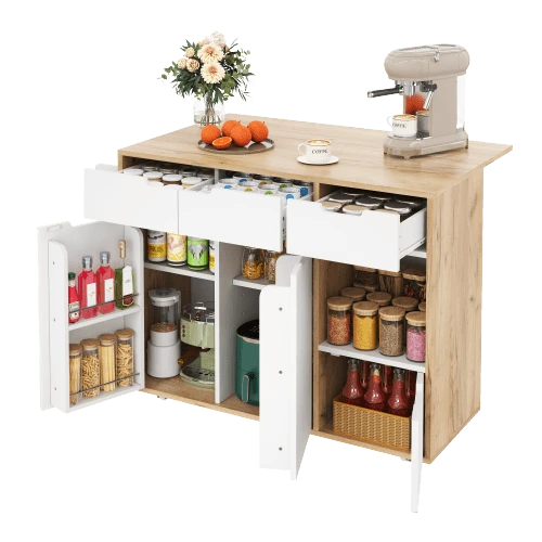 Kitchen Trolley In Modern Nordic Style With 360° Universal Wheels, Storage Shelf With Drawers & Towel Rail, Foldable Tray & Silent Spring Closure, Flexible Storage Design