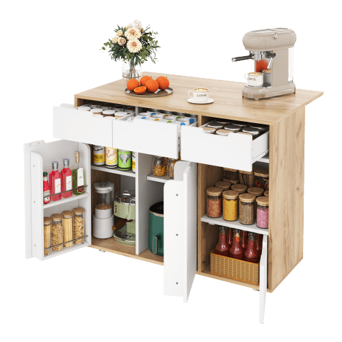 Kitchen Trolley In Modern Nordic Style With 360° Universal Wheels, Storage Shelf With Drawers & Towel Rail, Foldable Tray & Silent Spring Closure, Flexible Storage Design