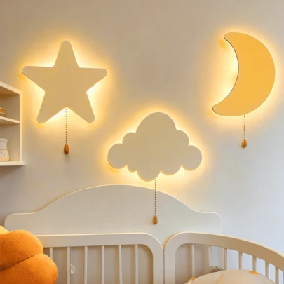 1pc/2pcs Children LED Cloud Shaped Wall Lamp Night Light, Floating Night Light With Chain, Multiple Patterns Available Such As Butterfly, Star, Moon, Soft Yellow Light, Suitable For Baby Room, Boys/Girls Room, Kids Bedside Lamp (Batteries Not Included)