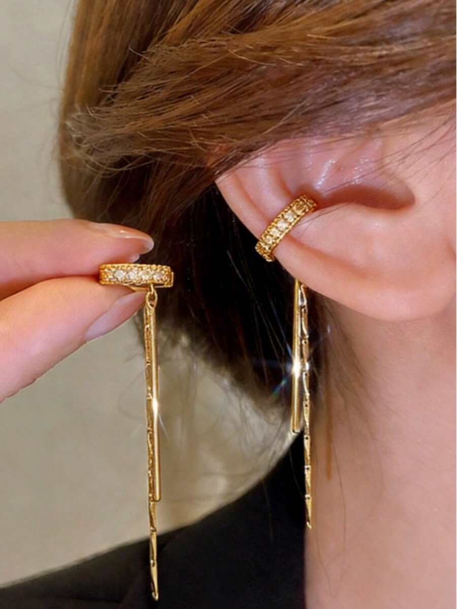 1 Pair Elegant Long C-Shaped Rhinestone Inlaid Tassel Clip Earrings For Women - Gold - View 1