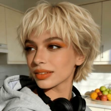 Short Pixie Cut Human Hair Wig Honey Blonde With Bangs Layered Straight Style 180% Density Brazilian Remy, Real Human Hair, 5inch Layered Straight Bob Wigs, Shaggy Short Straight Layered Wig, Breathable Cap Wig, Easter, Mother's Day Decorations, Music Festival/ Wedding Season, Easter & Mother's Day - Blonde - 查看 2