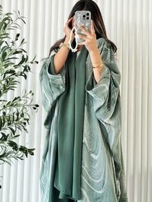 1 Women's Color-Blocked Multi-Color Long Abaya Fashion Casual Cardigan, Color-Blocked Artistic Robe Coat, Made Of High-Quality Cotton And Linen Fabric With A Soft Satin Finish, Exuding Gentleness And Modesty, Suitable For Everyday Wear. - 橄欖綠 - 查看 3