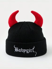 Women's Fashion Solid Color "BABYGIRL" Letter Embroidered Knit Hat With Horn Decoration, Suitable For Halloween Costume And Outings - A - View 5