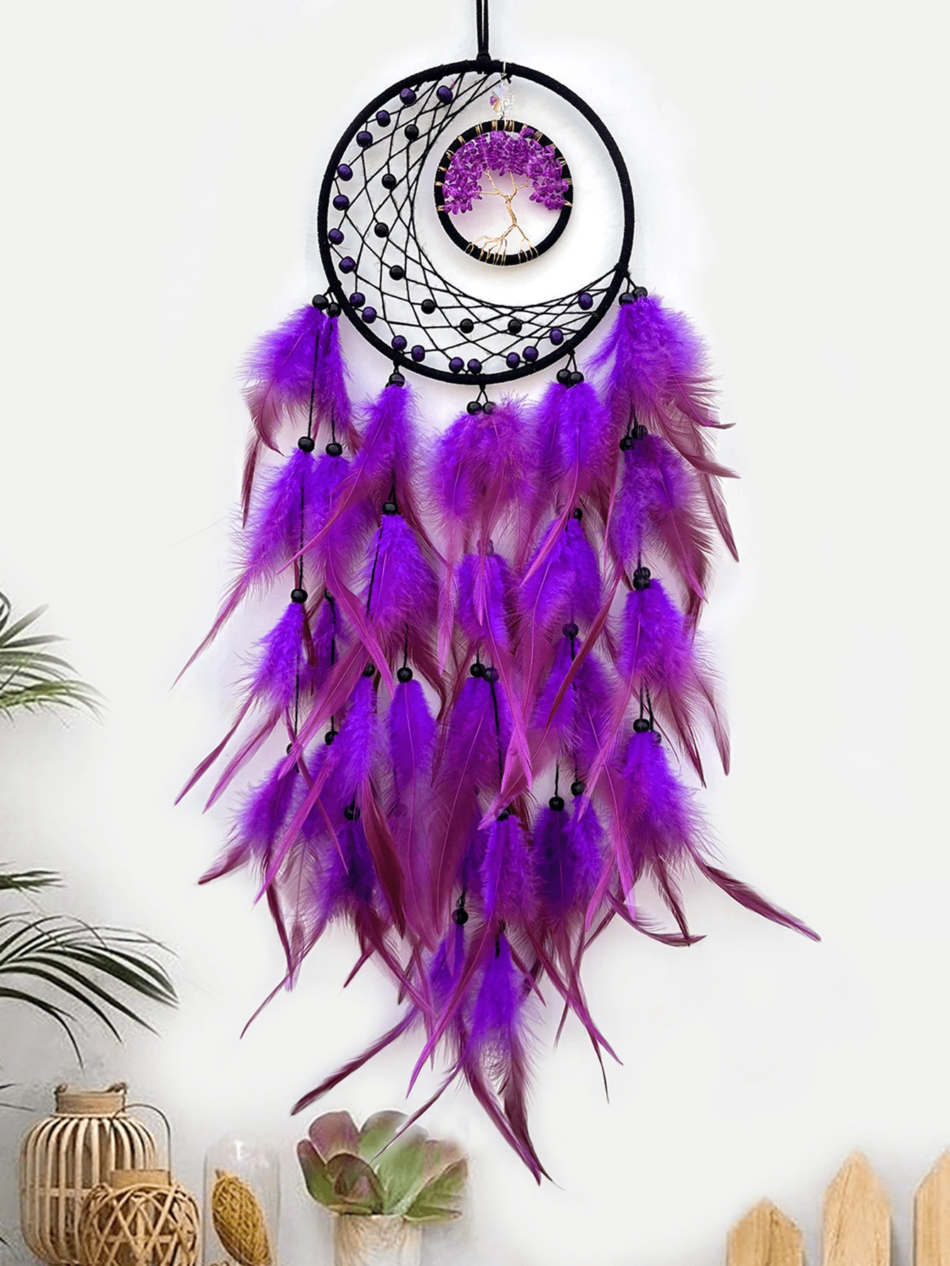 1 pièce Attrape-rêves avec perle de lune et design de l'arbre de vie, décoration murale en plumes faite à la main, ornement de style nordique pour la chambre - Multicolore - Voir 1