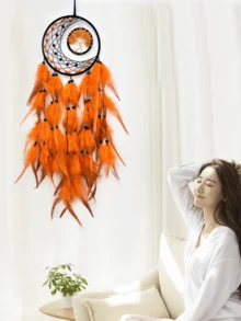 1 pièce Attrape-rêves avec perle de lune et design de l'arbre de vie, décoration murale en plumes faite à la main, ornement de style nordique pour la chambre - Multicolore - Voir 4
