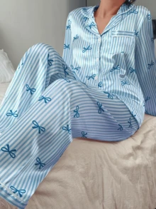 Dreamivo 2pcs/Set Women Blue Striped Long Sleeve Pajama Set - Sky Blue - View 6