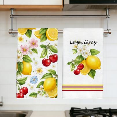 2条夏季柠檬、花卉、樱桃图案厨房毛巾，柔软涤纶材质，适用于厨房装饰、清洁、节日派对装饰、厨房和浴室用品、家居装饰、乔迁礼物