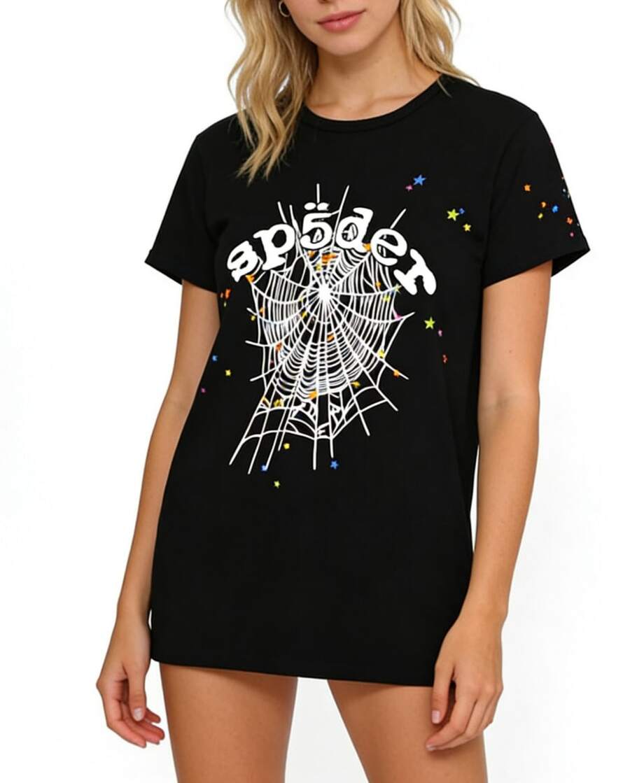 Sp5der Tees Unisex Y2k  T Shirts, Vintage Tees Summe Short Sleeve Streetwear Unisex, Classic Sp5der Print - 黑色 - 查看 1