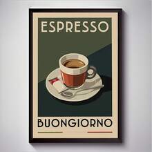 复古意式浓缩咖啡艺术帆布画 - 无框墙面装饰，印有“Buongiorno”（法语“你好”）字样 - 复古咖啡主题海报，适用于客厅、卧室、办公室或厨房 - 完美的礼物和家居装饰，咖啡吧配件 - 多色 - 查看 1