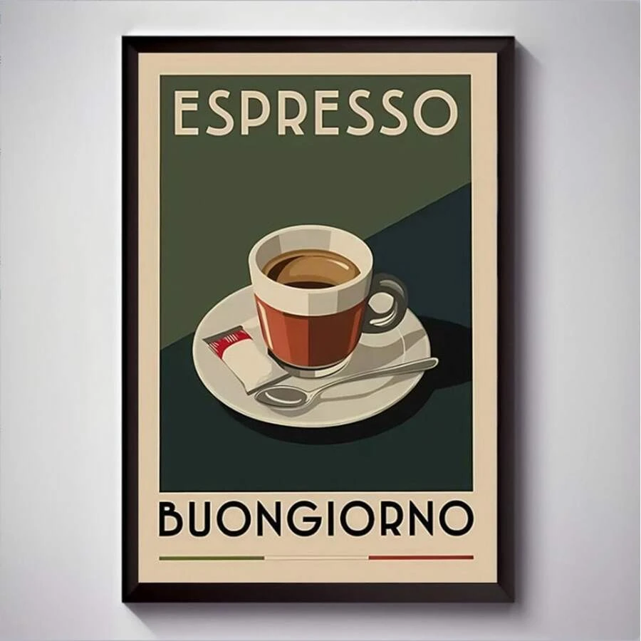 复古意式浓缩咖啡艺术帆布画 - 无框墙面装饰,印有“Buongiorno”(法语“你好”)字样 - 复古咖啡主题海报,适用于客厅、卧室、办公室或厨房 - 完美的礼物和家居装饰,咖啡吧配件 - 多色 - 查看 1