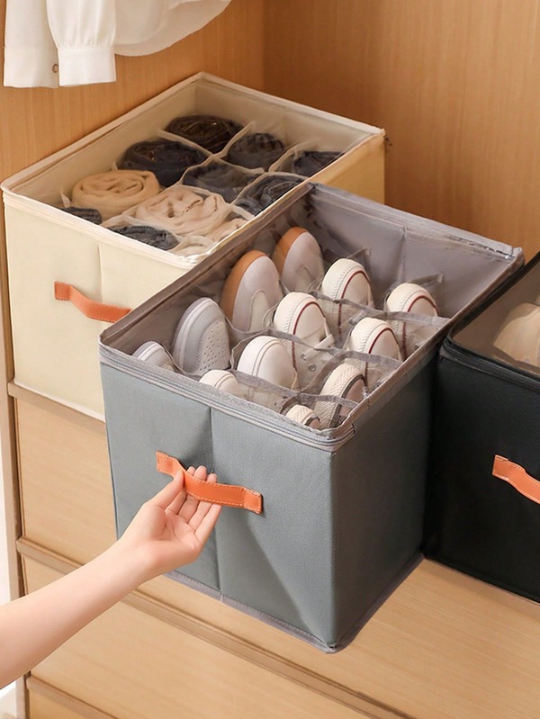 1pc Large Fabric Shoe Storage Box With Lid, Dustproof Foldable Organizer, Multipurpose Use, Foldable Moisture-Proof Shoe Box With Lid Panel Fabric Transparent Visible Seasonal Shoe Storage Box Washed Finishing Box