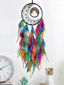 1 pièce Attrape-rêves avec perle de lune et design de l'arbre de vie, décoration murale en plumes faite à la main, ornement de style nordique pour la chambre - Multicolore - Voir 17