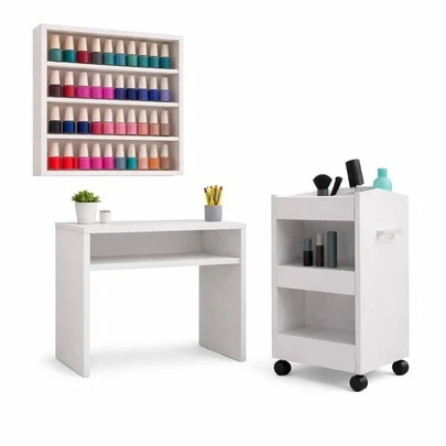 Kit Manicure 3 Peças – Mesa MDF + Carrinho Auxiliar com Rodinhas + Expositor de Esmaltes